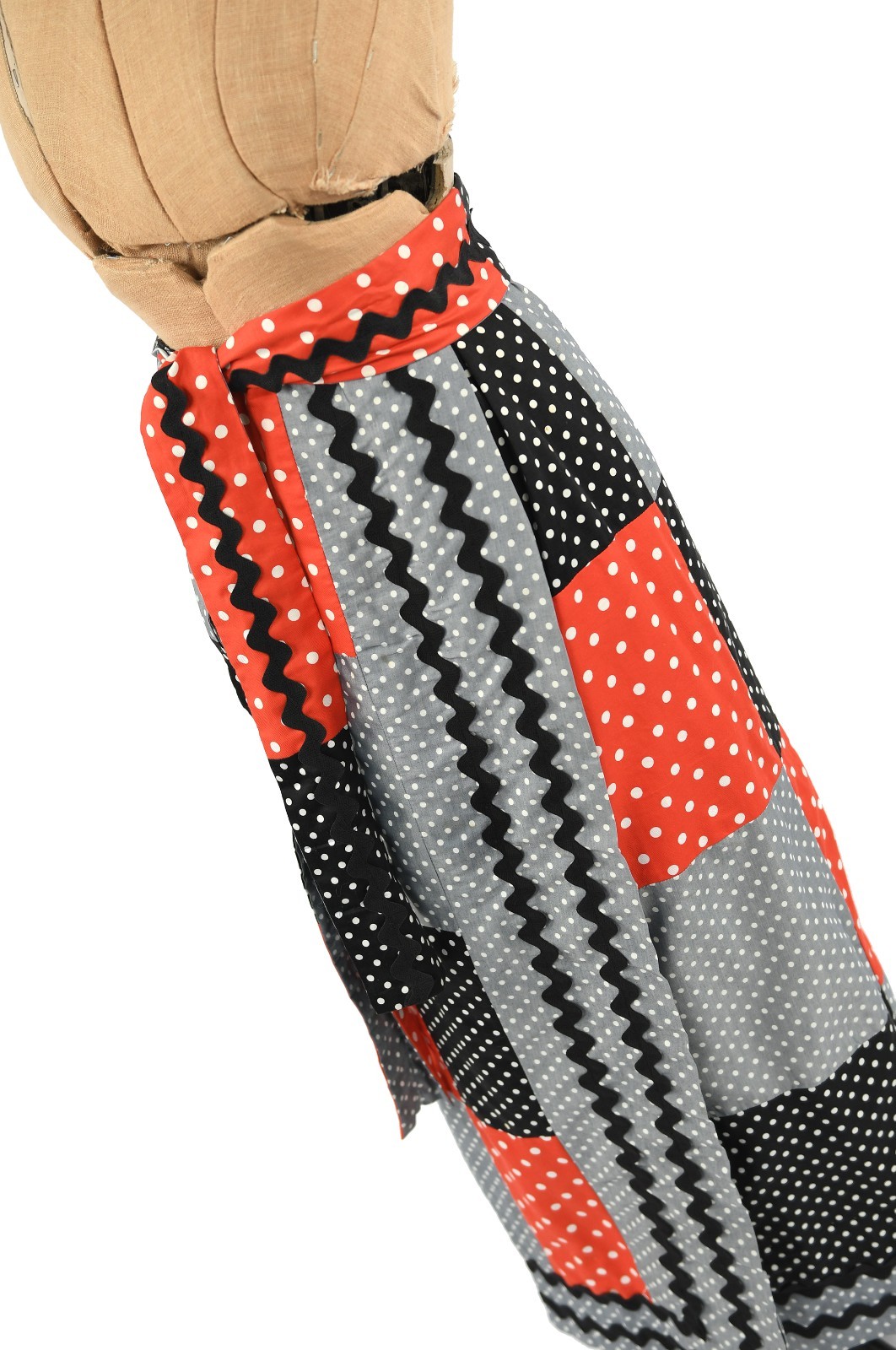 Vintage 70s Polka Dot Patchwork Wrap Maxi Skirt Red Black Gray Ric Rac Trim M