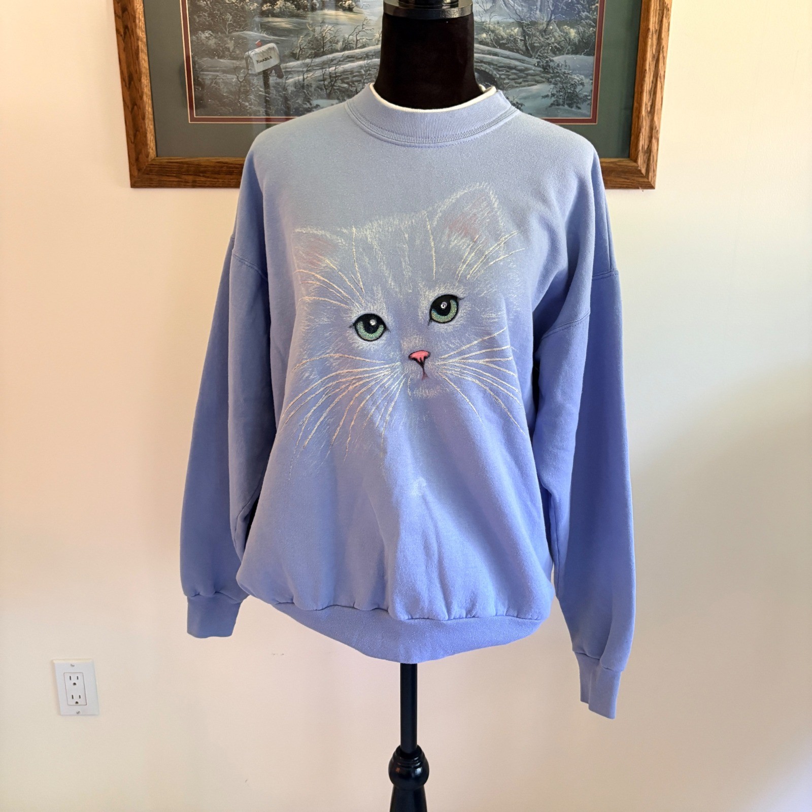 Morning Sun Cat Graphic Sweatshirt Women Large Blue Vintage 90s Glitter Pullover