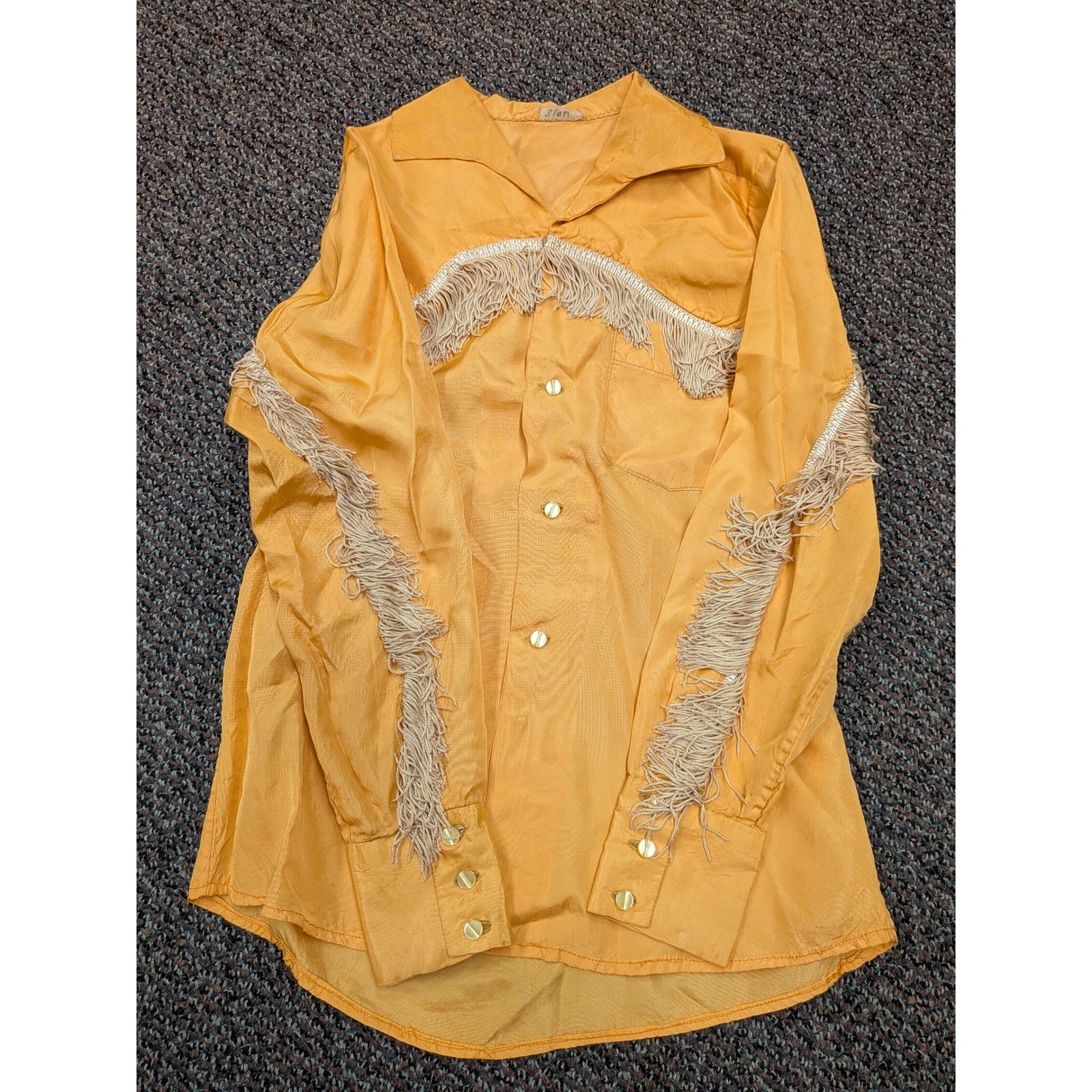 Vintage Western Fringe Shirt Gold Yellow Long Sleeve Button Down Rodeo Boho S/M