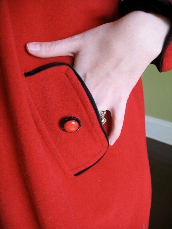 VTG Little Red Riding Hood Wool Coat Incredible Pleating & Details Blk Trim S M