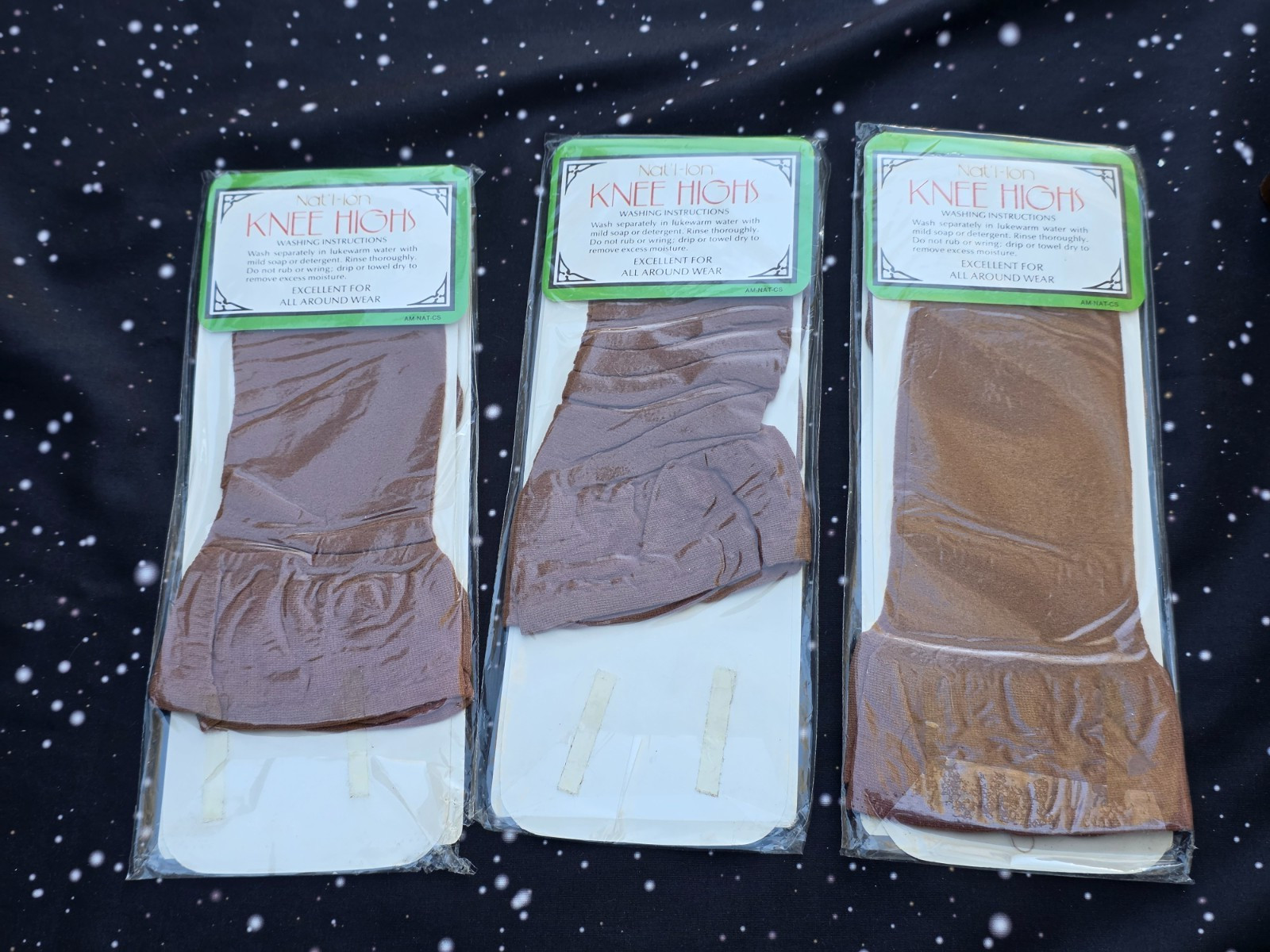 3 Vintage Beige/Tan Knee Highs by National COTTON SOLE FIRM HOLD Sealed NOS USA