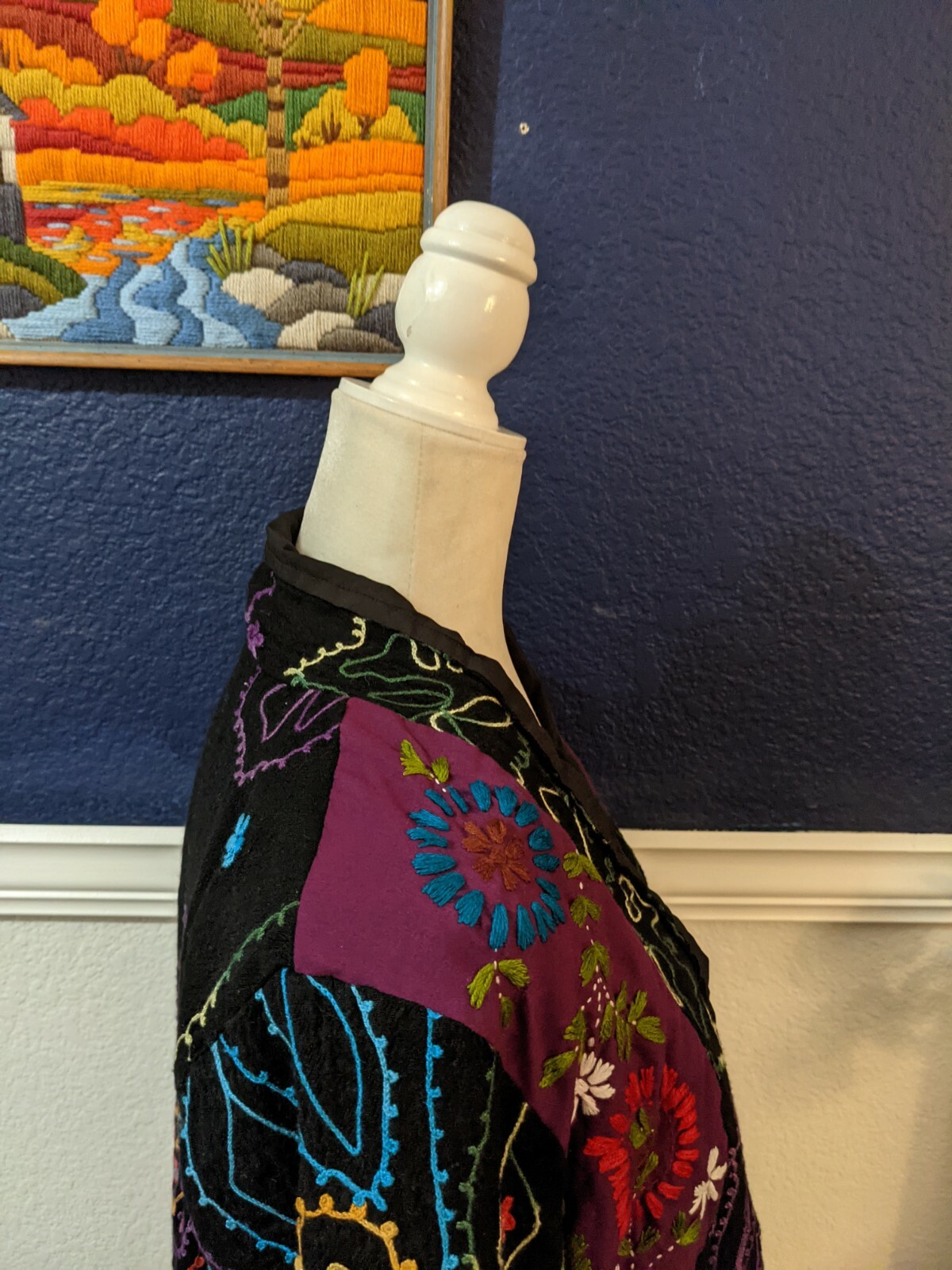 VTG Anu Wearable Art Embroidered Patchwork Tapestry Open Front Jacket Sz Large L