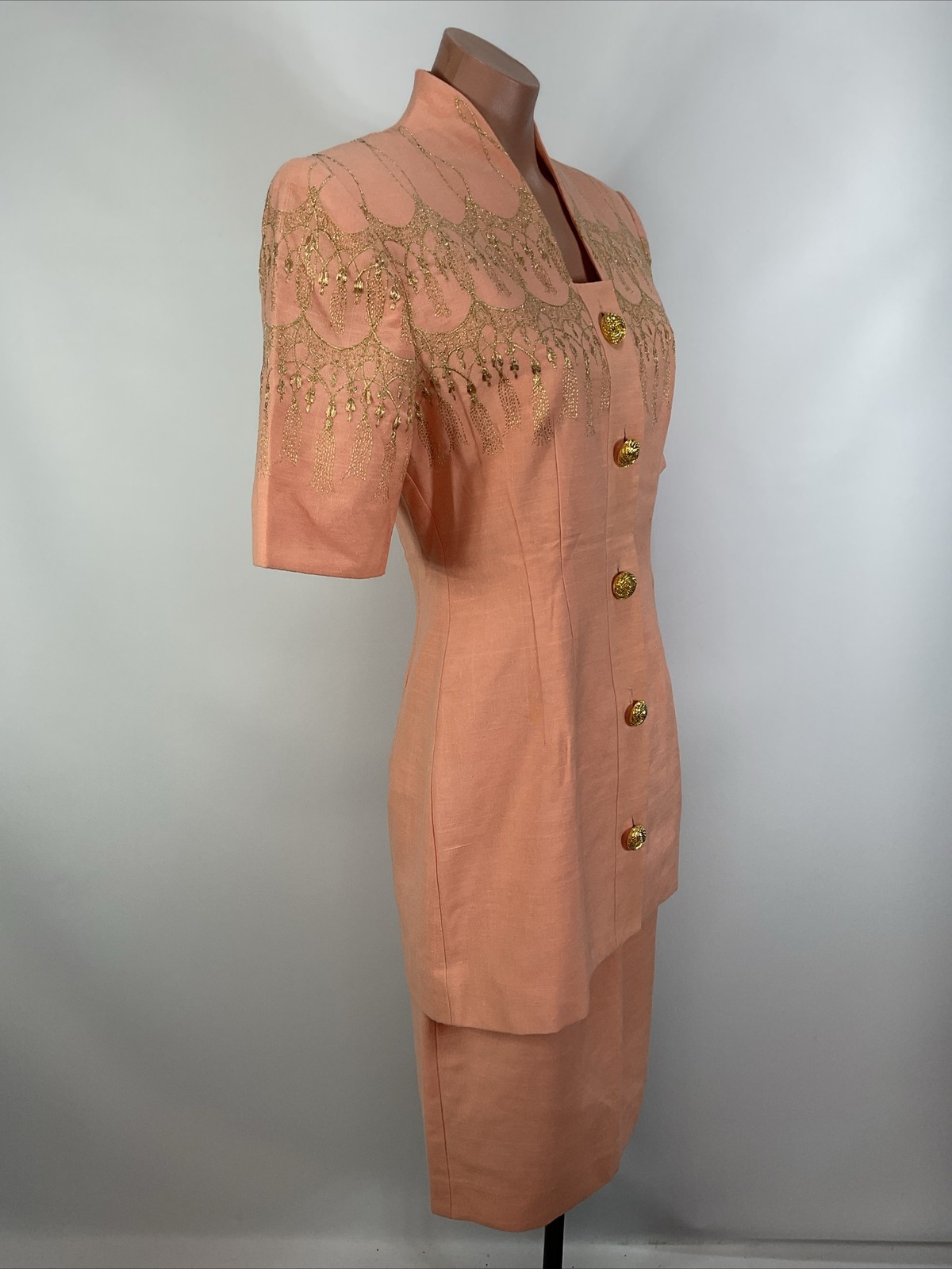 Vintage 1980’s ANN TOBIAS Coral Orange Suit 4 Short Sleeve Longline Metallic