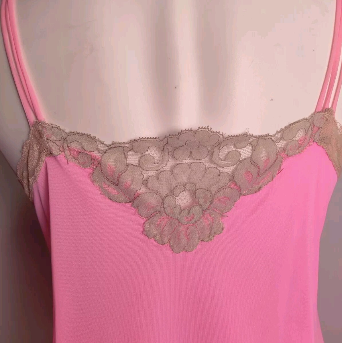 Vintage Avian Hot Pink Nylon Nightgown Lace Trim Modified **Flawed Medium