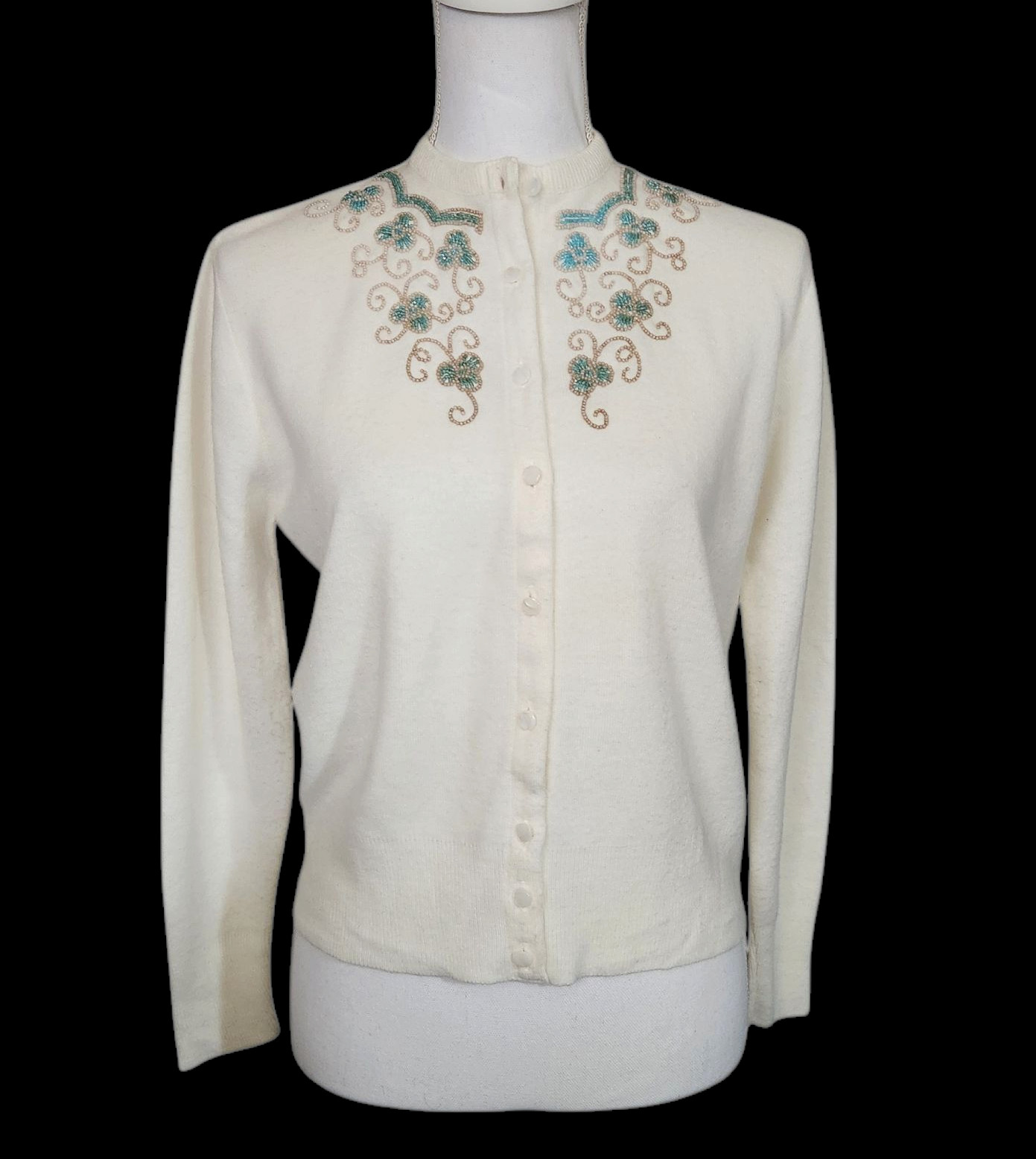 Vintage Sportswear by Select Mazet Cardigan Cream Color w/Beading Size Small (?)