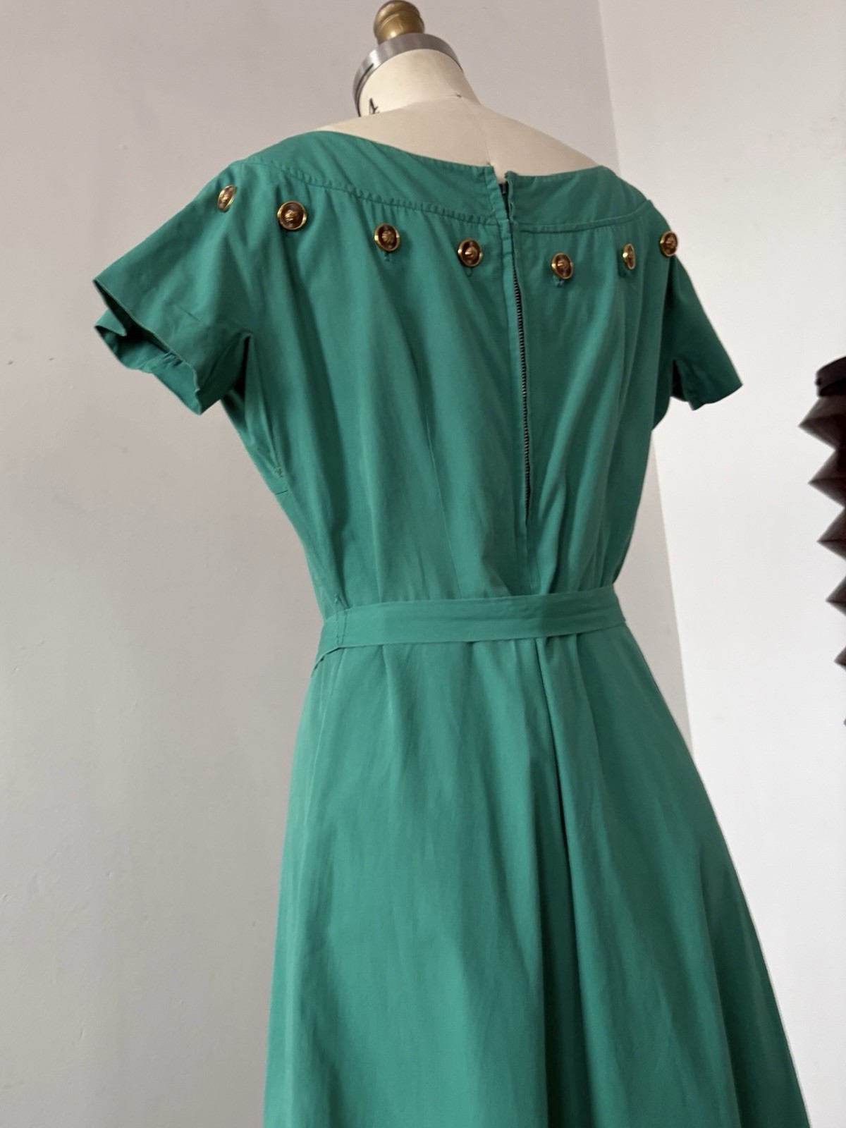 1950s Jade Green Polished Cotton Day Dress Midi Bateau Neck Crest Buttons Resort