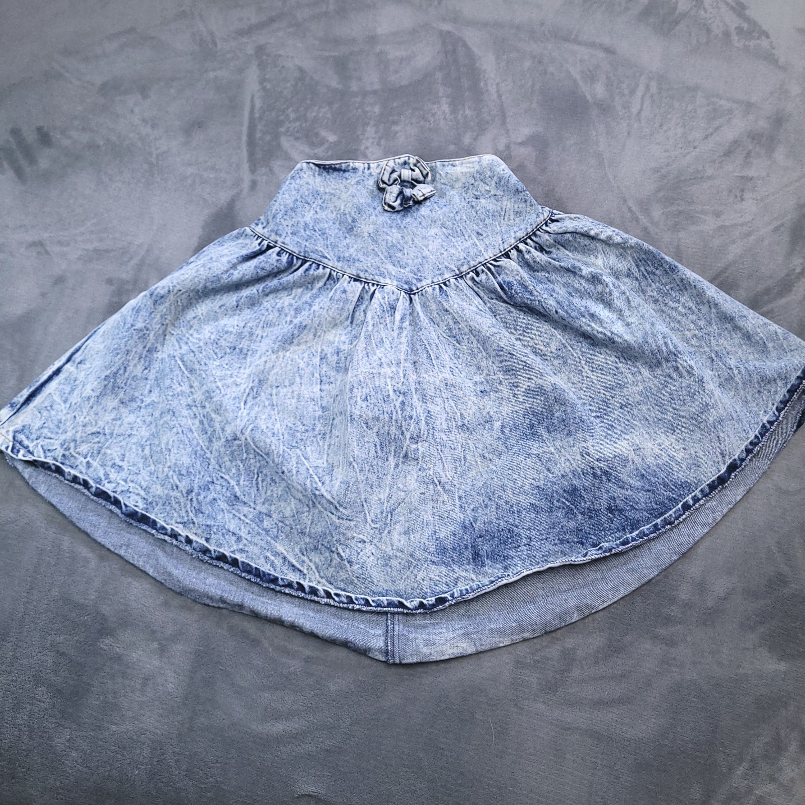 Vtg 80’s Jet Set Acid Washed Denim Flare Mini Skirt Size 14 Bow Elastic Waist