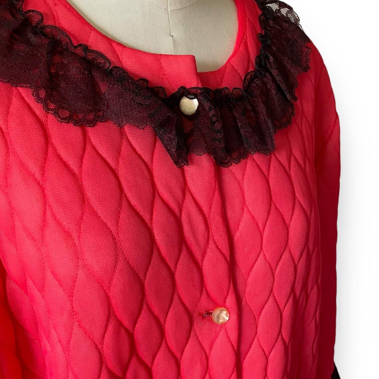 Vintage 50s 60s Paulette Red Quilted Loungewear Robe Black Lace Sz 16 House Coat