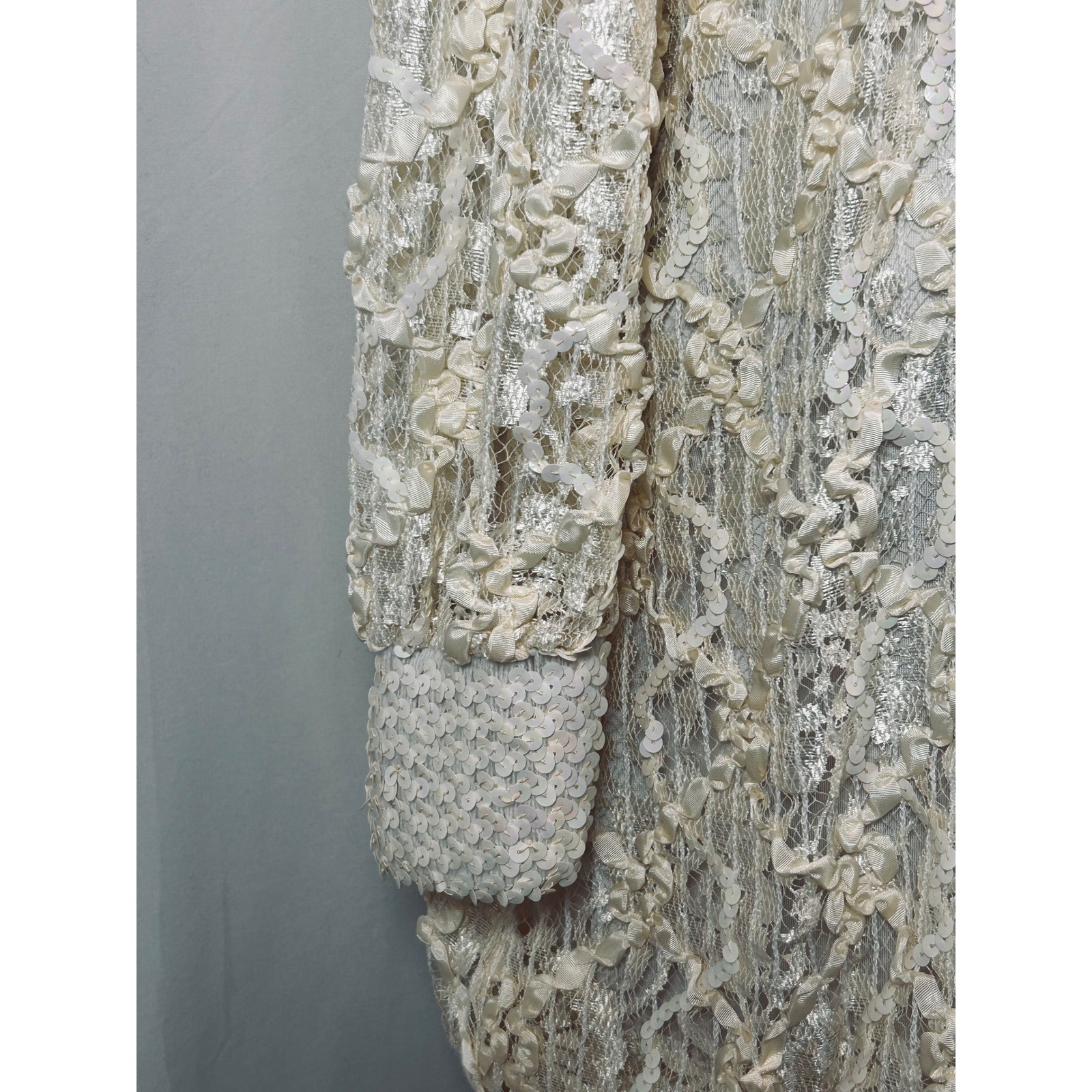 Vintage Damianou Ivory Lace Sequin Drop Waist Gown Long Sleeve Tiered Ruffle