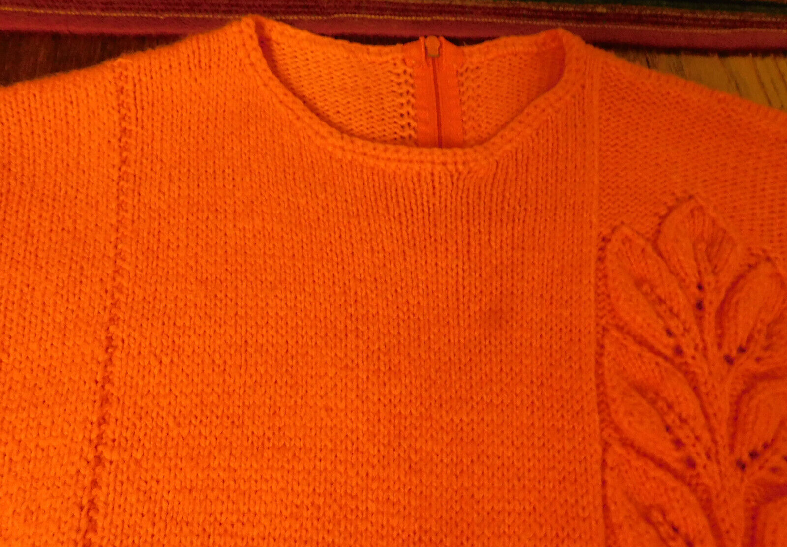 Vtg Hand Crocheted Knit Sweater Maxi Dress Orange Leaf pattern trim FAB Med OOAK