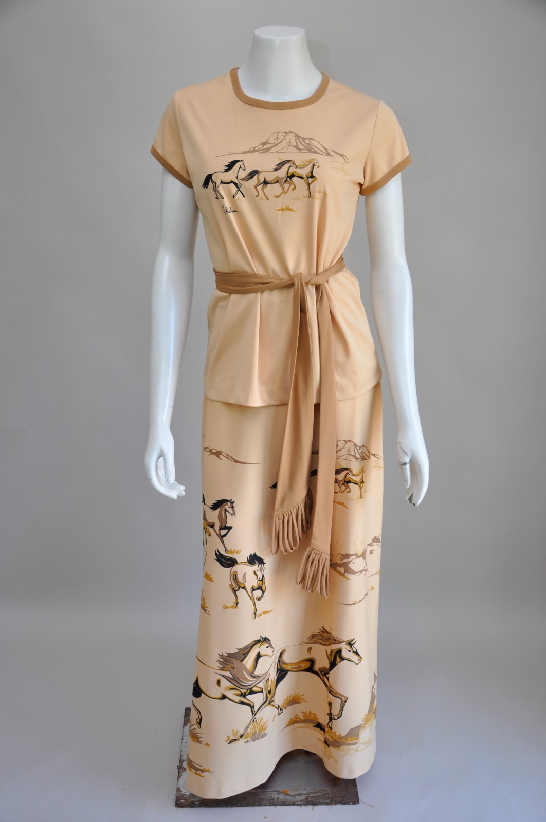 Vintage 1970s Western Horse Print Shaheen 3 Piece Skirt Shirt Belt Dress Set M