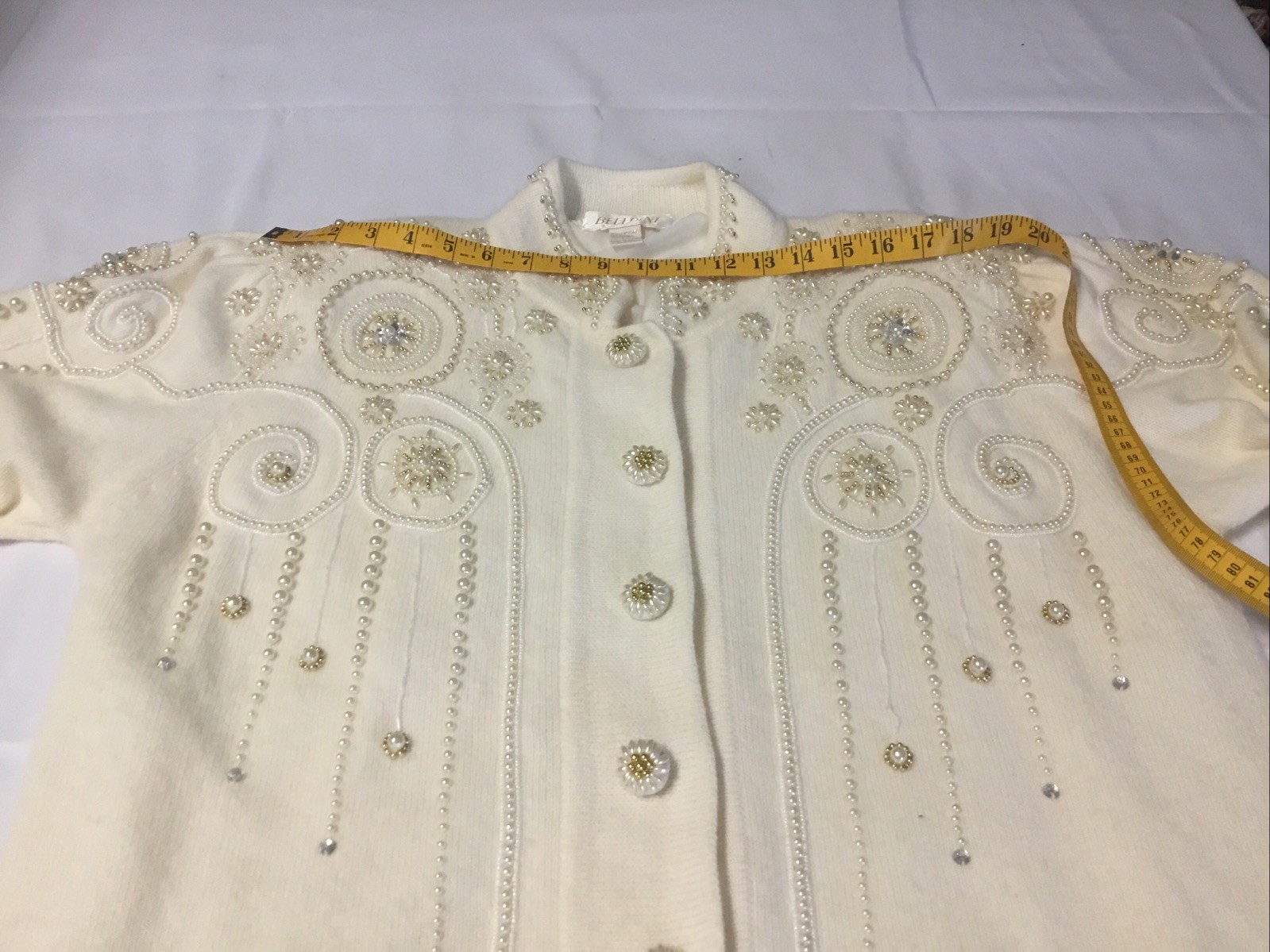 Vtg Belldini CardiganSweater Beaded WoolAngoraNylon L Ivory Shoulder Pads Lined