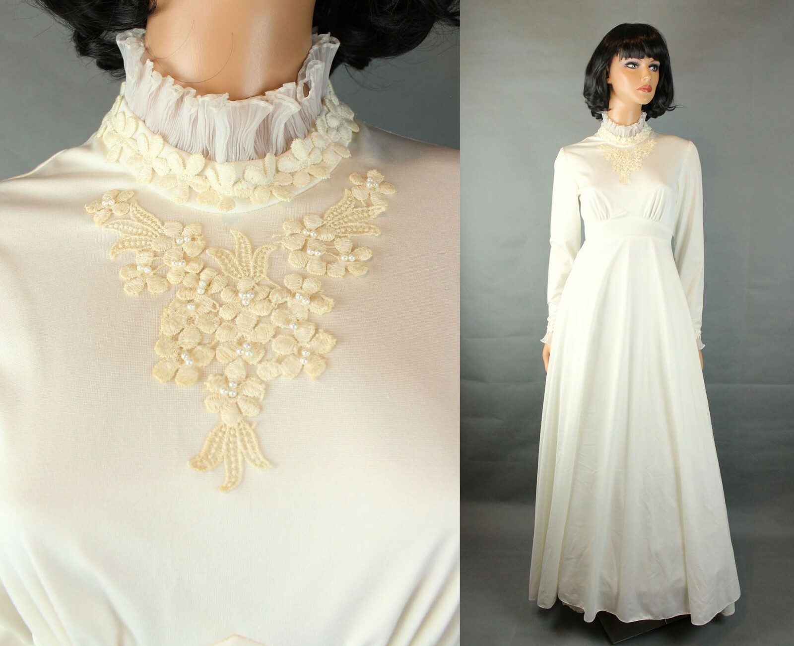 Hippie Wedding Gown Sz XS Vintage Pleated Chiffon Long Sleeve Lace Beads Dress