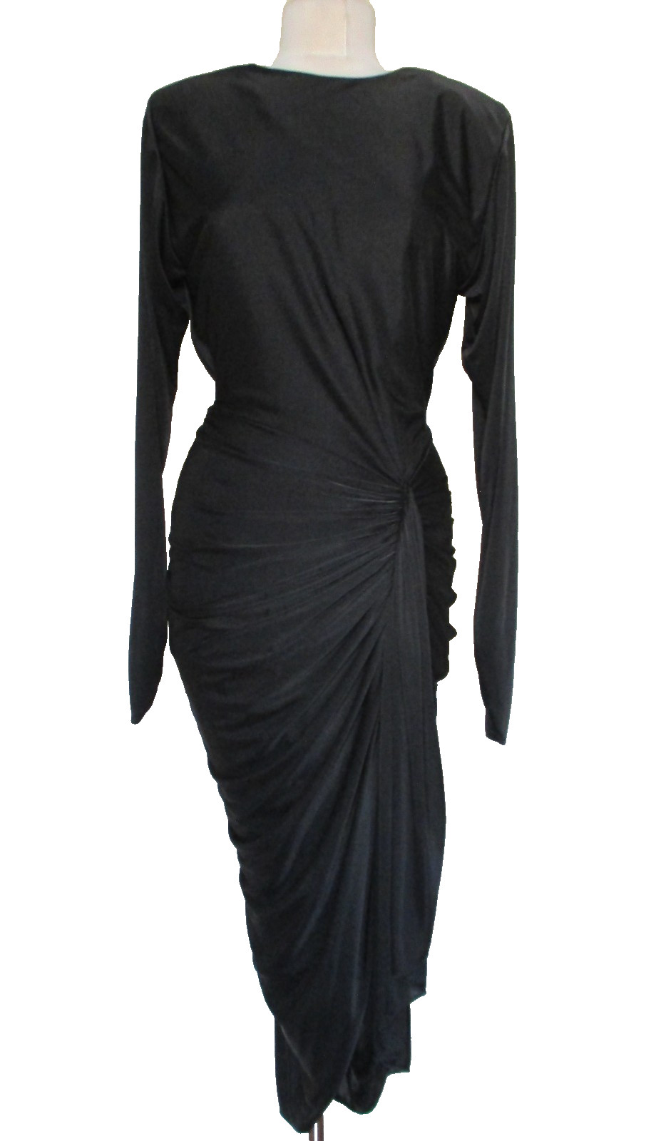 Vintage 80s Black Midi Dress Night Moves Medium Women Ruched Long Sleeve