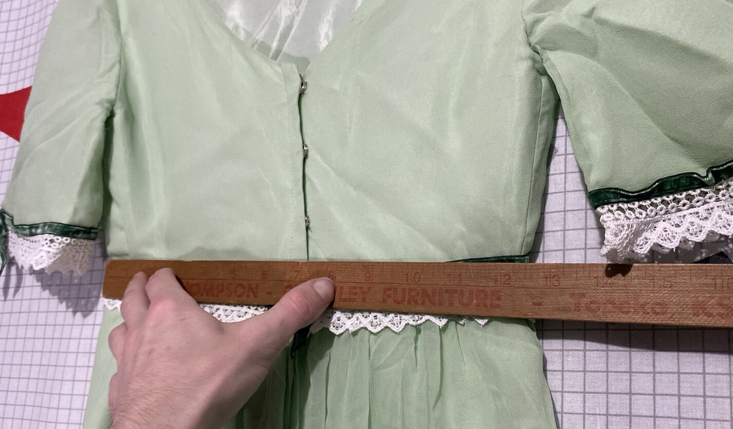 Vintage 50s Silk Chiffon Dress Green Lace Organza Velvet Ribbon 60s Maxi
