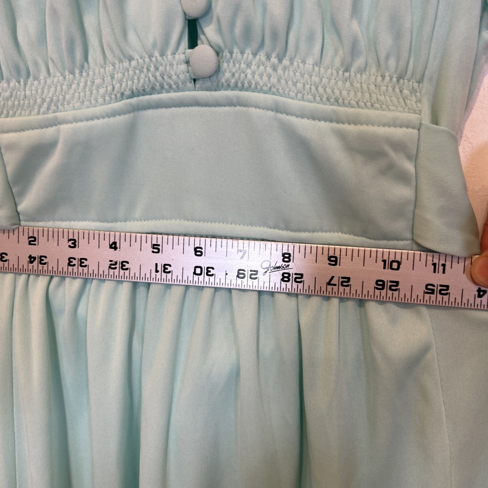 Vtg Trolley Car Maxi Dress Womens Size 7 Mint Green 70s Flutter Sleeve Smocked