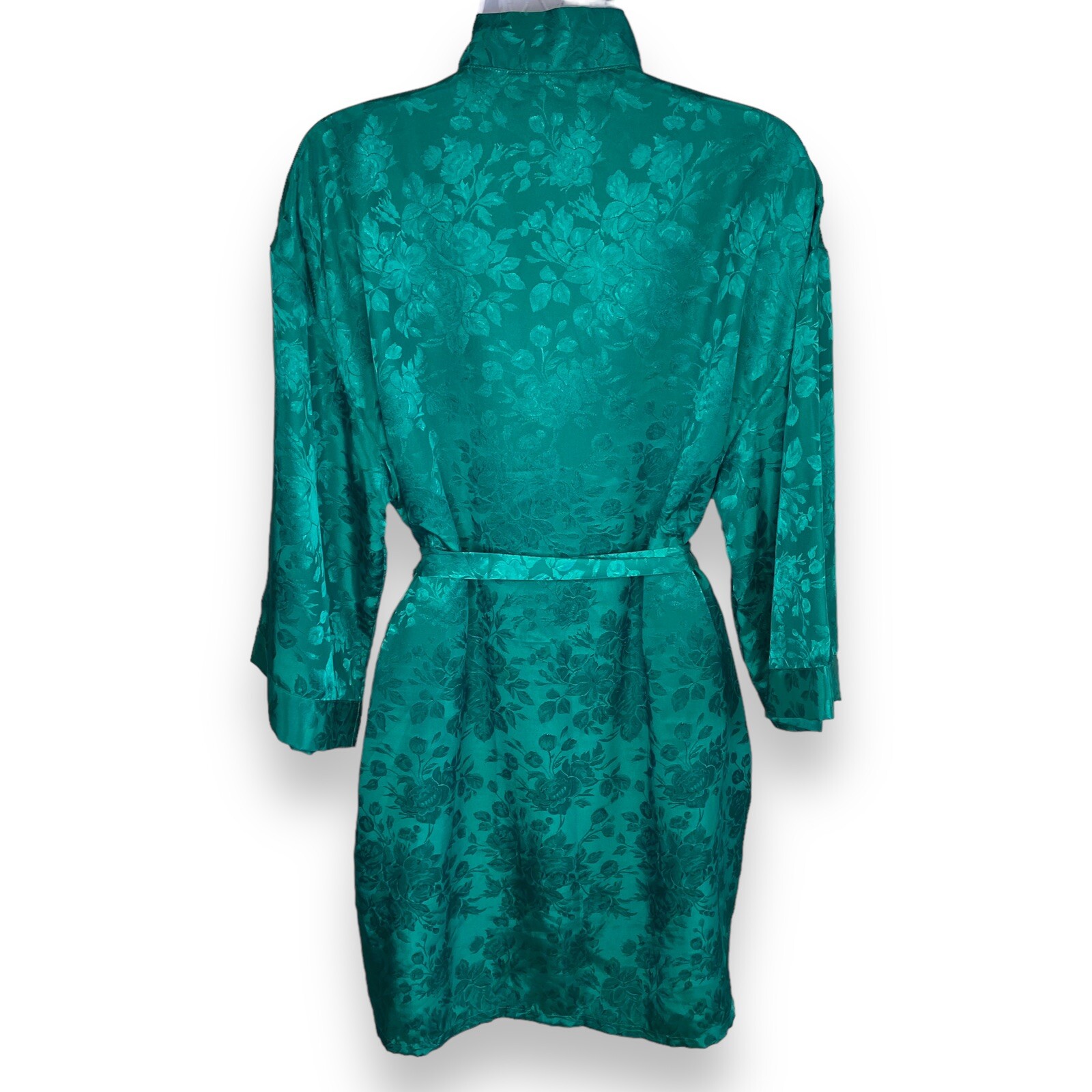 VTG Cachet Size Small Floral Silky Robe Emerald Green Pockets Belt 80s Kimono