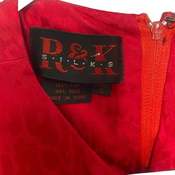 Vintage 80s R&K Silk Dress 6 Red Midi Drop Waist Bow Rhinestone Puff Sleeves