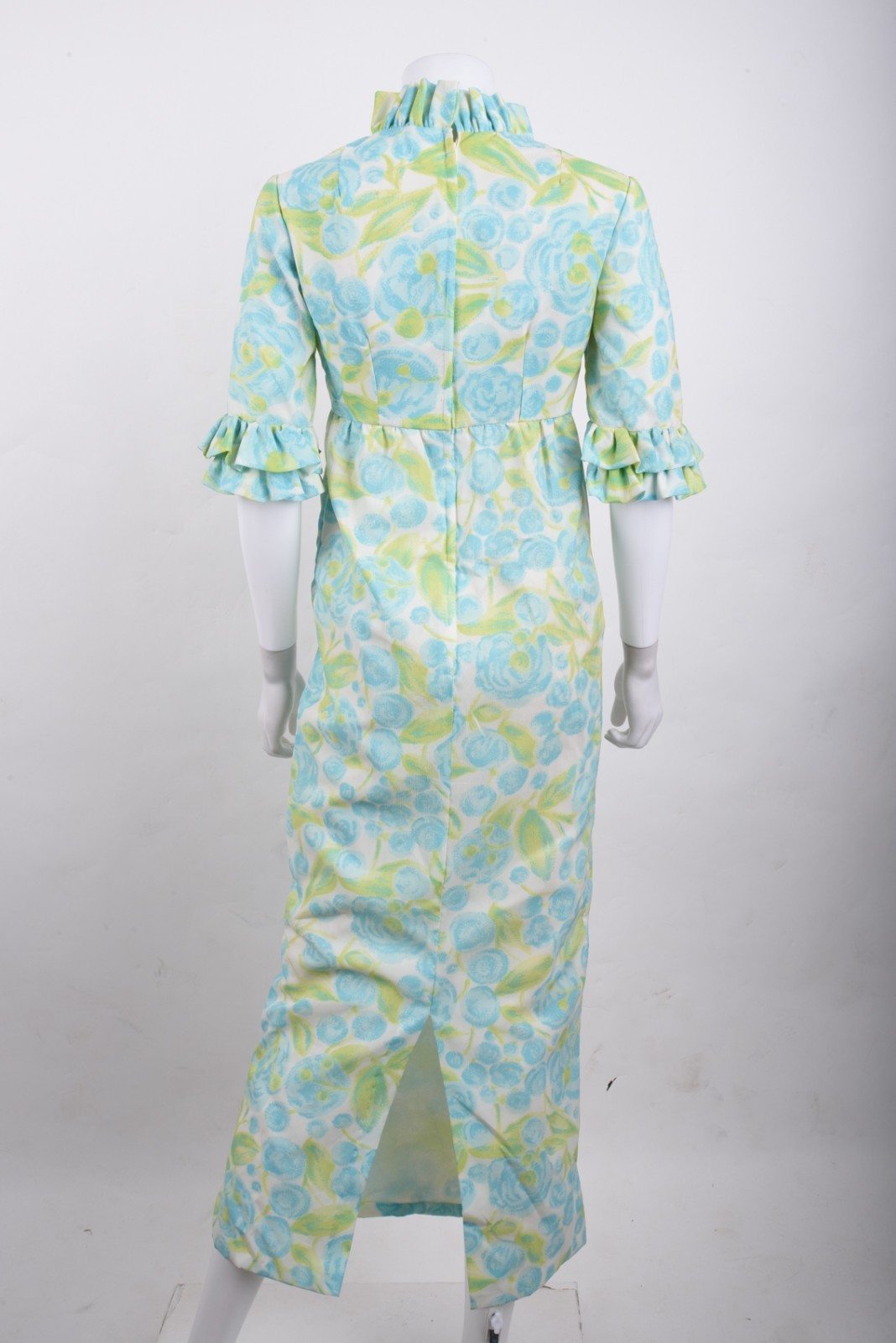 Vintage Womans Gown Midi Dress S Aqua Green Floral Empire Waist Ruffle Hawaiian