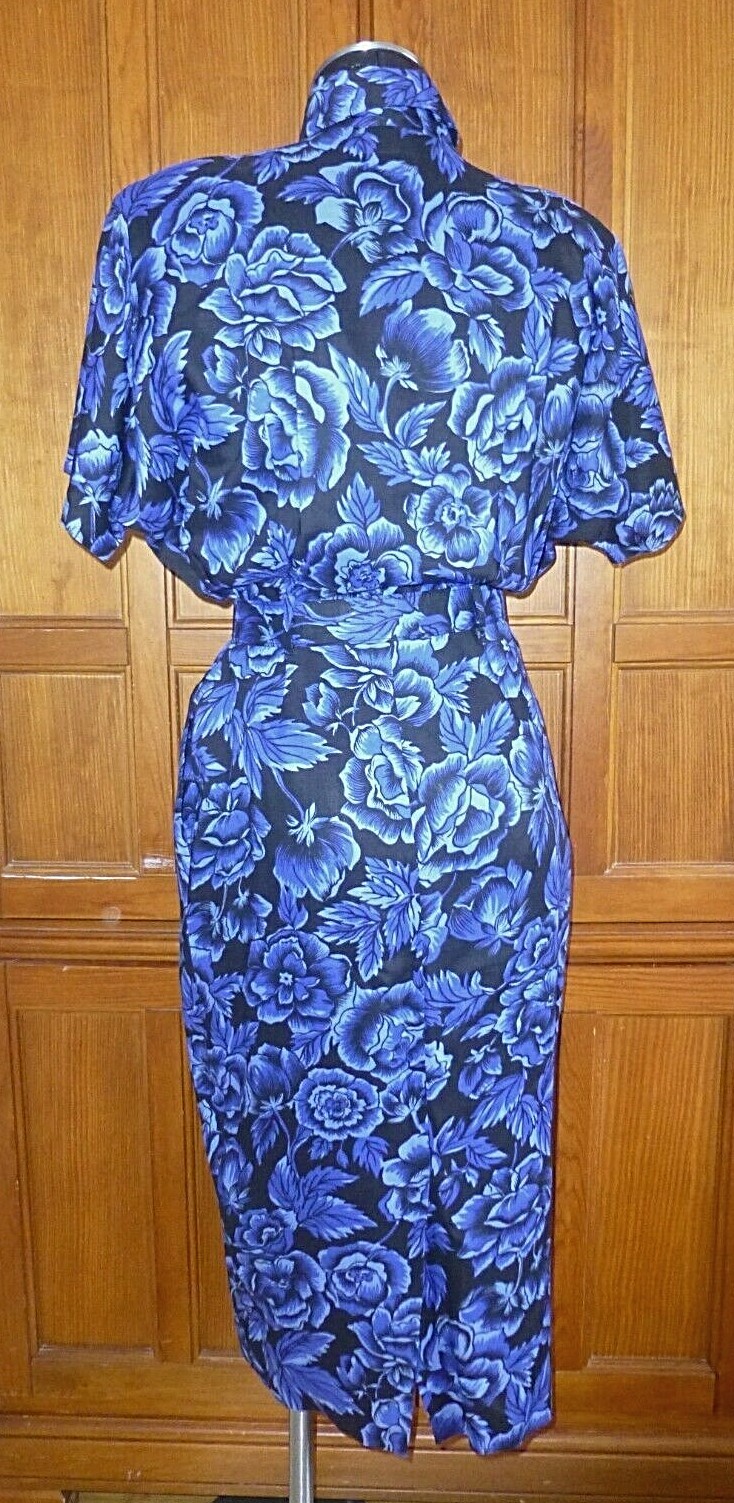 VTG 80s Midnight Floral Garden Print Dolman Slv midi BoHo Belted DRESS pockets