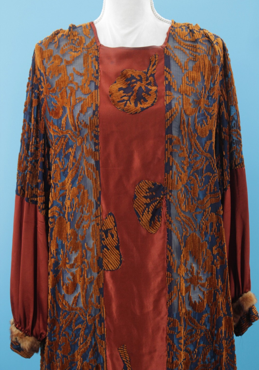 VTG Women’s 20s Brown Silk & Velvet Burnout Shift Dress W/ Fur Trim S/M 1920s