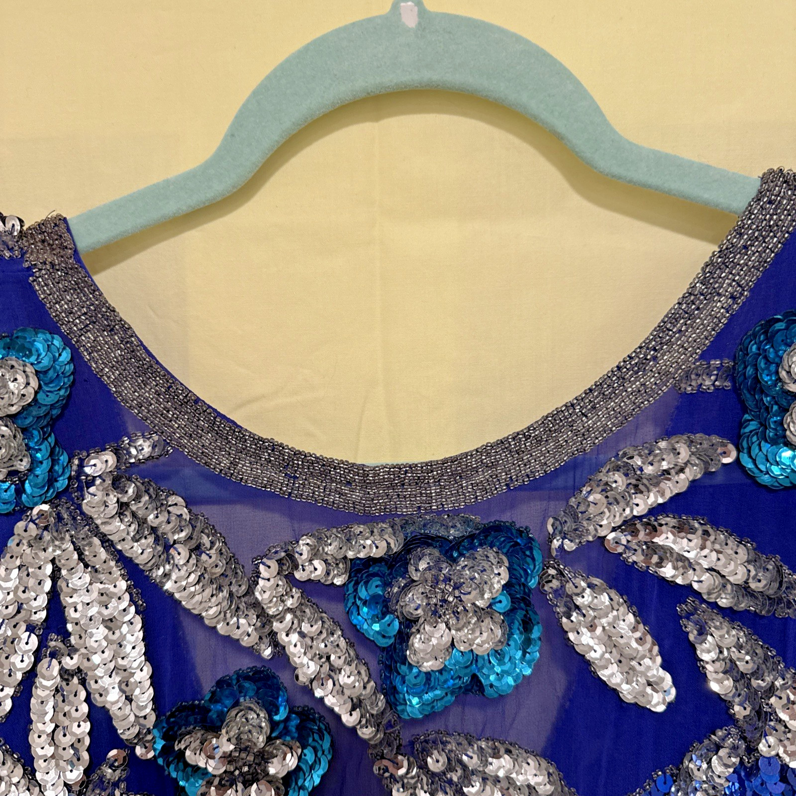 Vintage Cobalt Blue Silk Silver Sequined Evening Gown By Nite Line Size 8