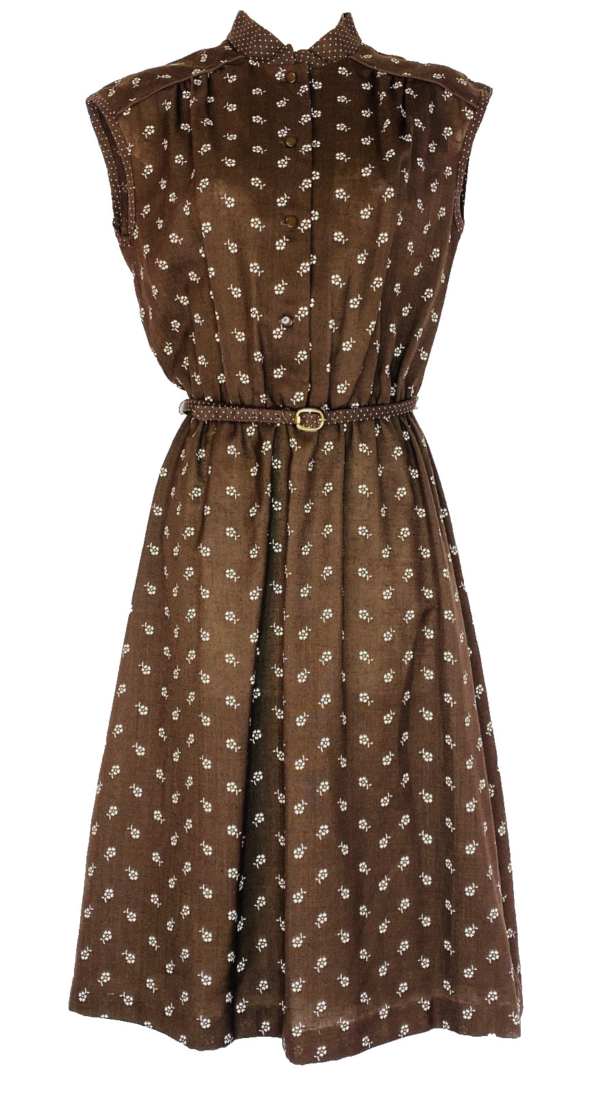 Vintage 1960s dark brown floral dress S white sleeveless collar midi rayon PBJ
