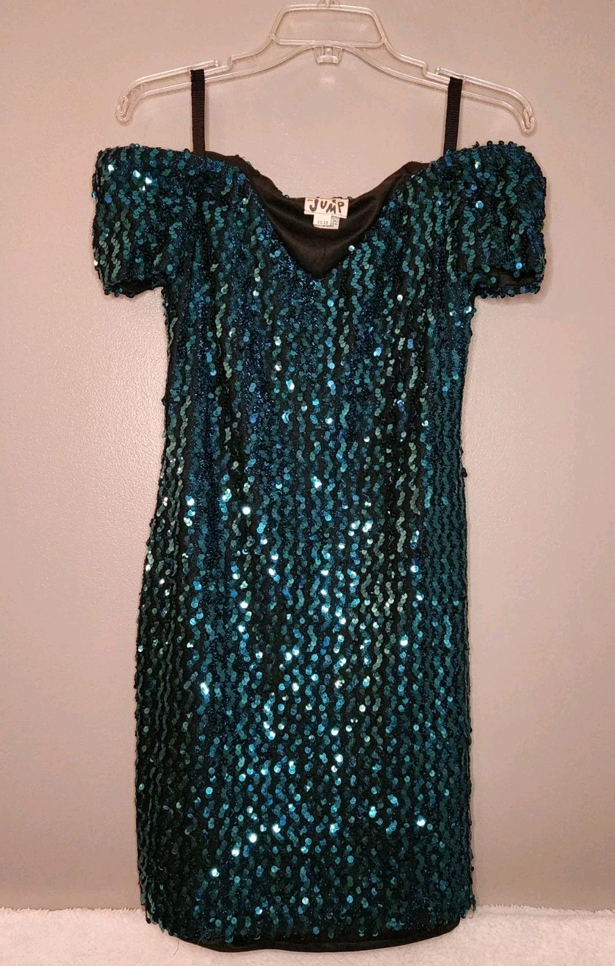 Vintage 80s Turquoise Sequined Off The Shoulders Cocktail Dress Size 11/12
