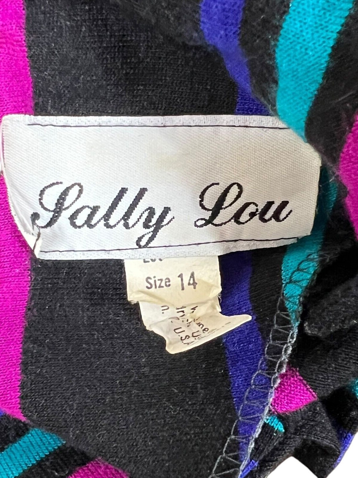 EUC Vtg 70s Sz S~M Dress Stripe Soft Knit Belt Sally Lou Boat neckline Puff Slv