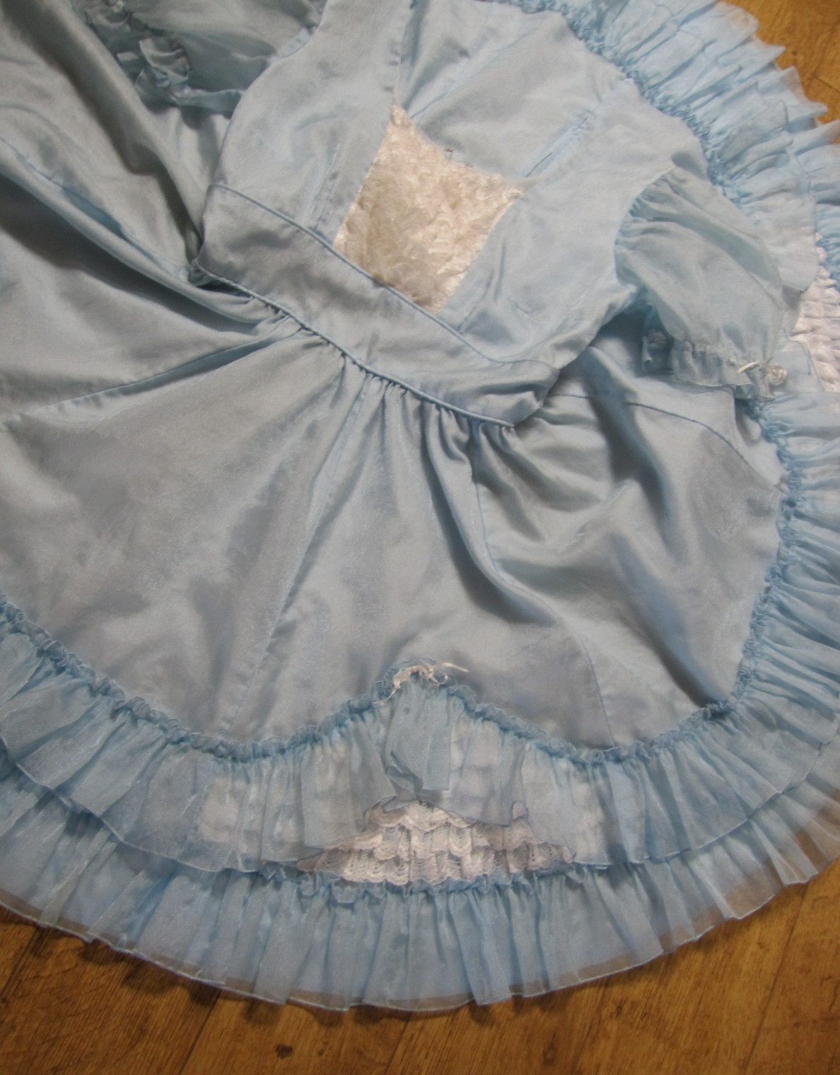 Vtg SQUARE DANCE PRAIRIE DRESS Blue Organza Ruffles Rows of White Lace Sz 12/14