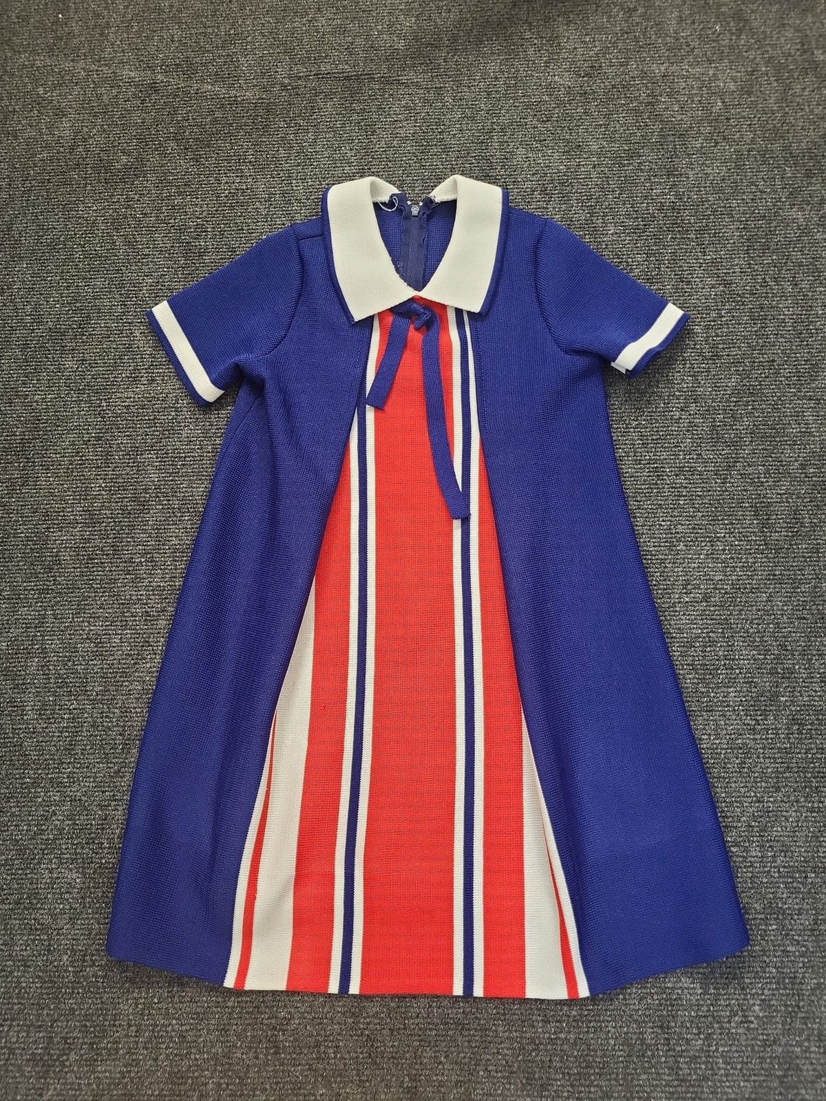 Vintage 1960s Kids Mod Knit Dress Blue Red White Striped Peter Pan Collar