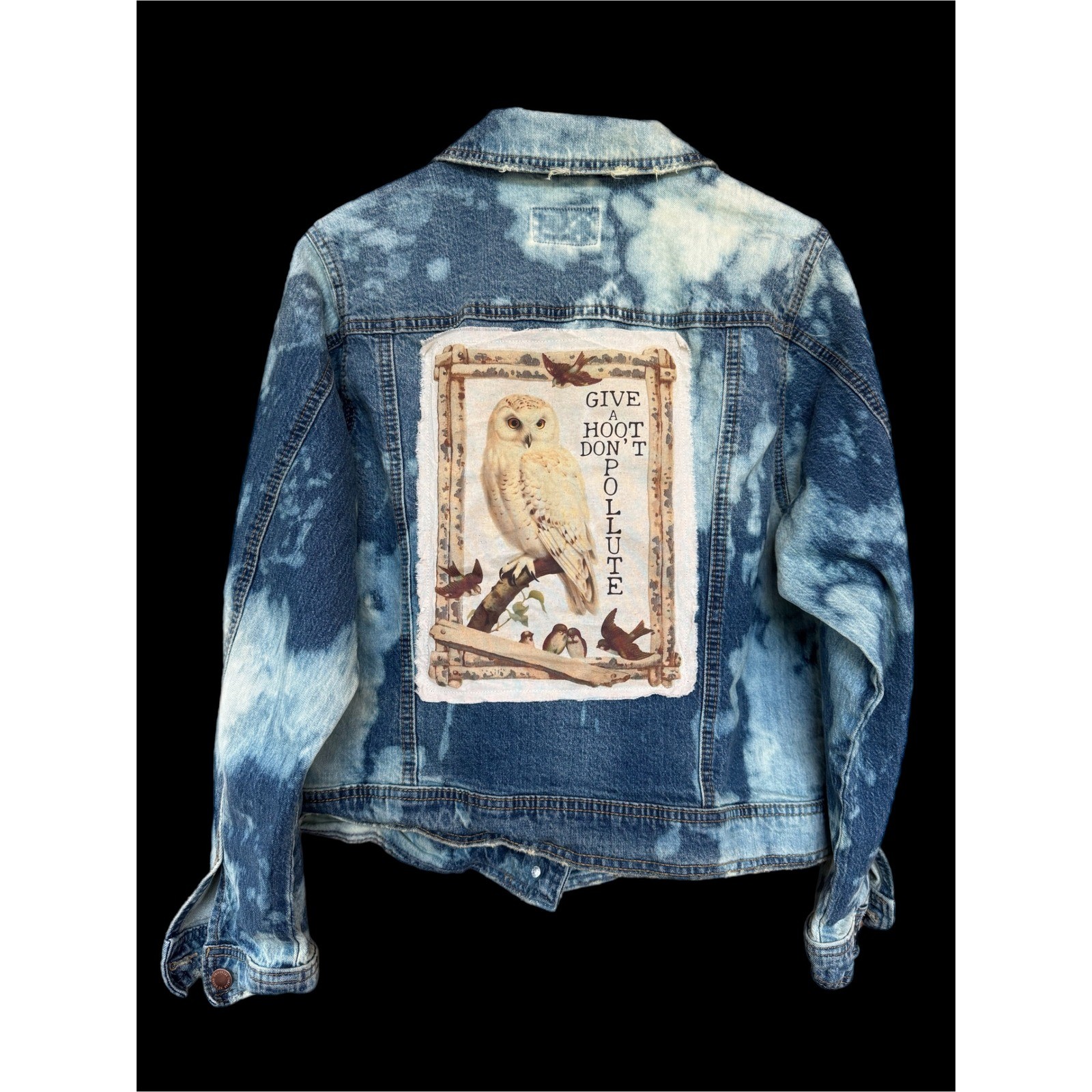 OOAK Bleached Owl Denim Jacket Give A Hoot Don’t Pollute Art Medium