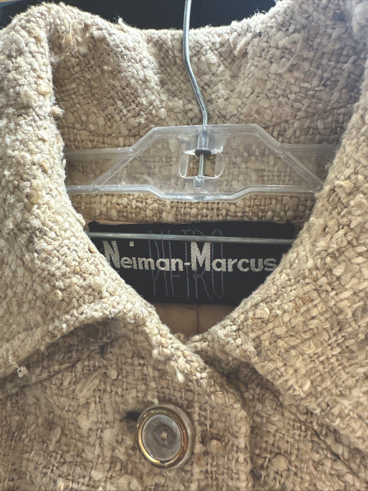 VINTAGE NEIMAN-MARCUS PIETRO Womens Suit Cream Brown Silk Wool Leather With Belt