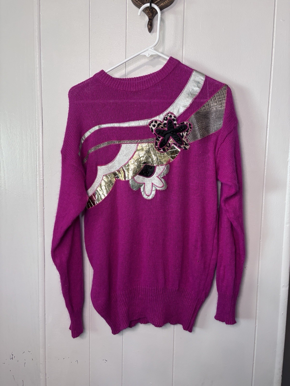 Anytime Glitz Vintage 80s 90s Women’s Sweater Magenta Knit Large Silk Blend Bead