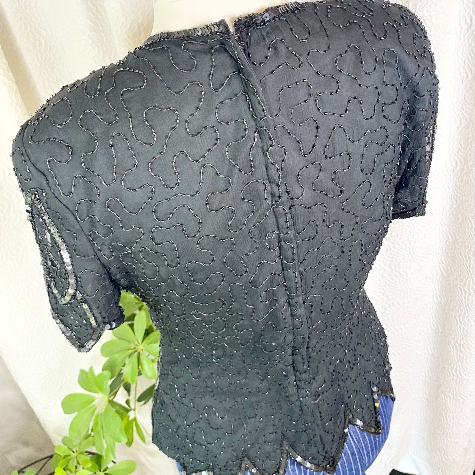 Vintage 100% Silk Black Sequin Top, Beaded Embellished, Size Medium