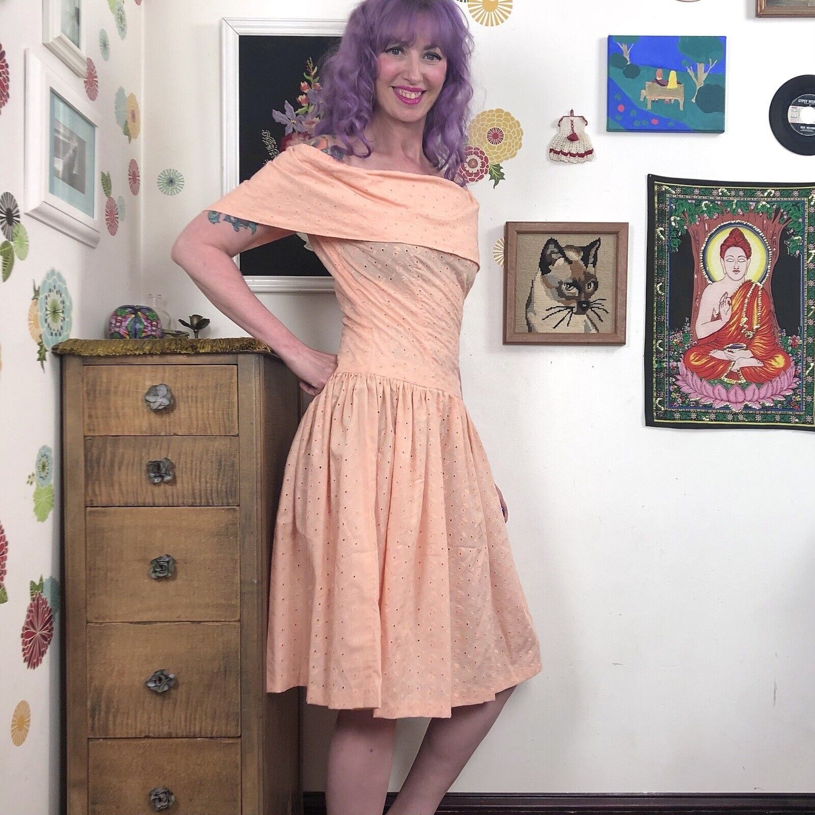 Vintage Eyelet Dress, 1980s Peach Cotton Cottagecore Dress, Off-Shoulder Size S