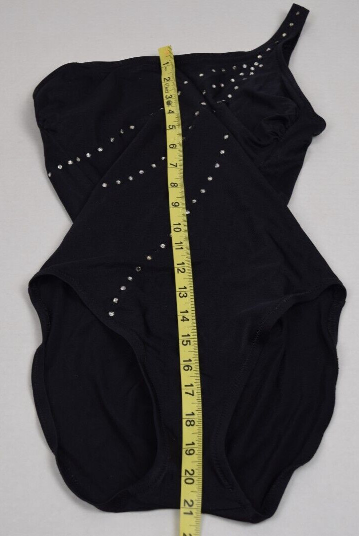 Vintage Swimsuit DeWeese Size 10/32 S/M 60s Black Rhinestone Stripes 1 Shoulder