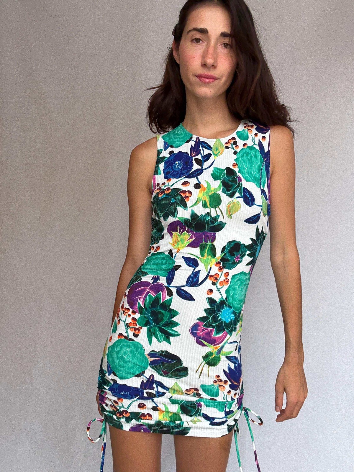Desigual floral mini dress, feminine fitted silhouette, ribbed texture, adjustab