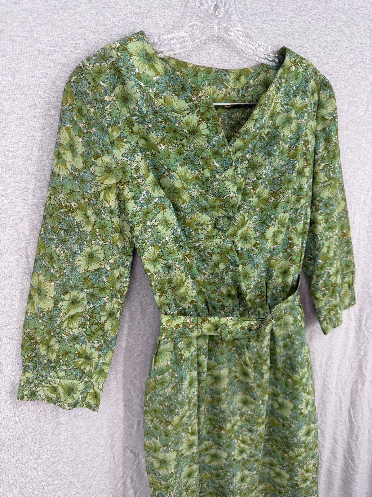 True Vintage 50s Floral Belted Blouson Dress Housewife Chic Green Brown