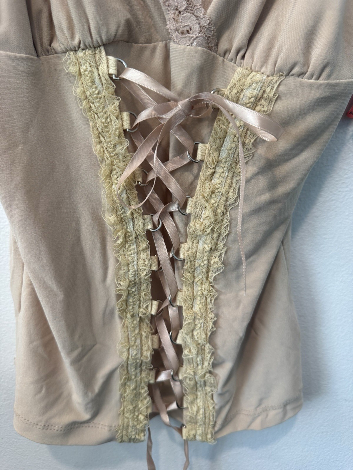Vintage Y2K Nude Lace-Up Corset Cami Top Fairy Grunge Boho Festival M