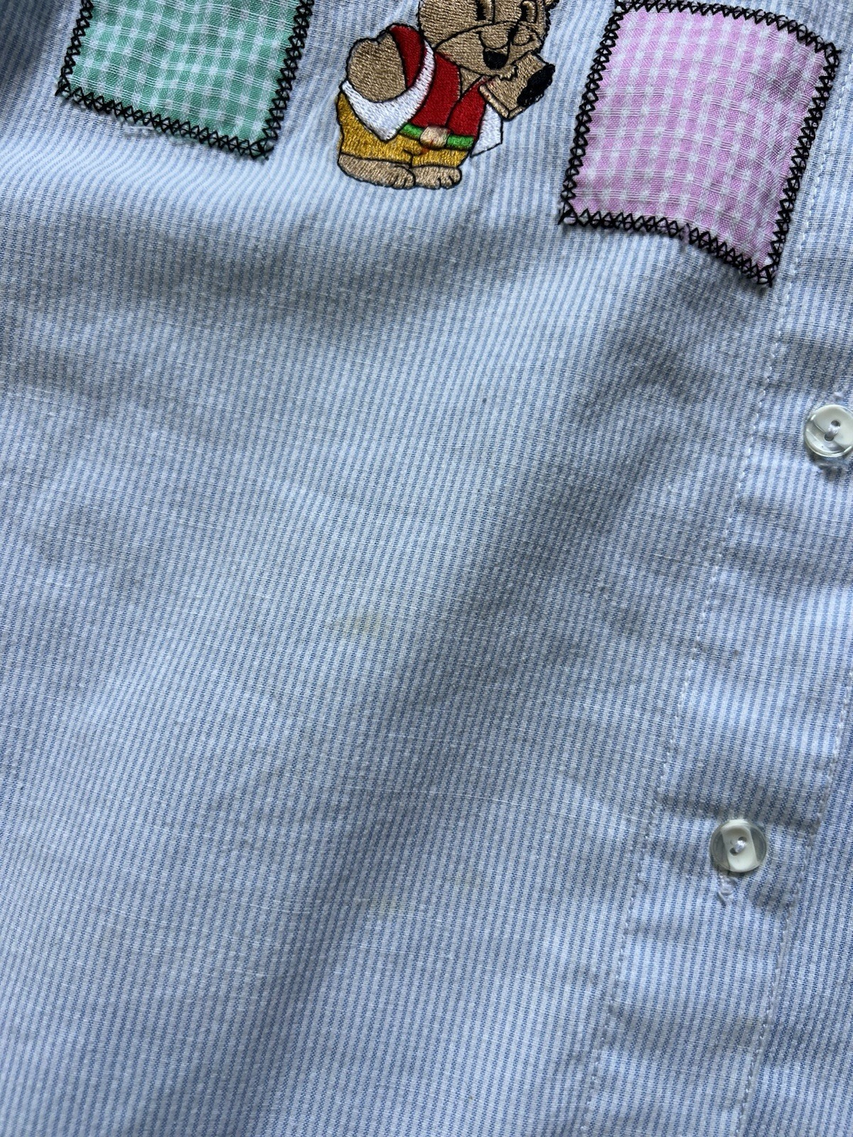 Vintage 90s Denim Shirt Large Blue Pin Stripe Patchwork Teddy Bear Cottagecore