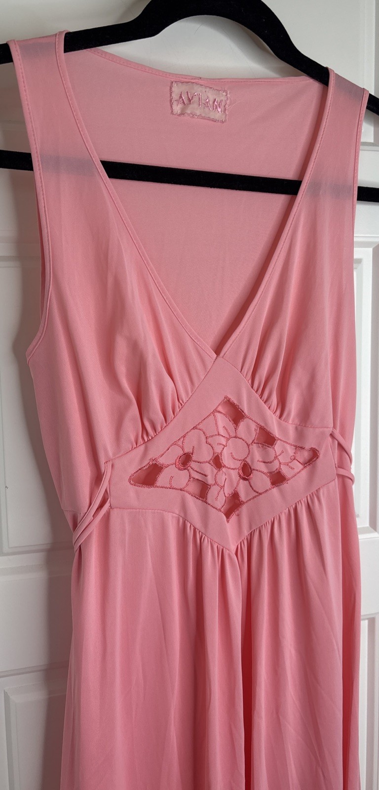 Vintage Avian Nylon Maxi Nightgown, Embroidered Cut Out, Pink, V Neck, Size S