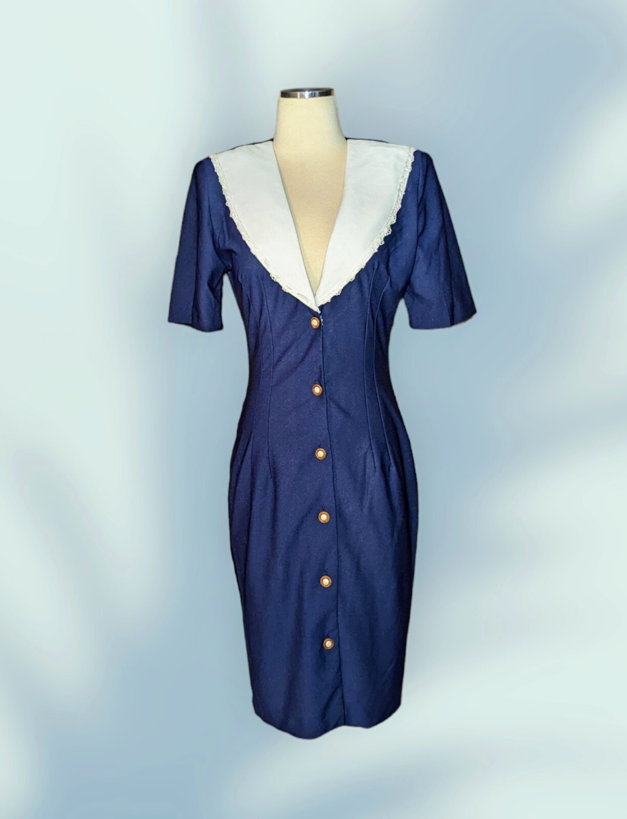 Vintage TJUNIORS Navy Blue Secretary Dress Button Up Lace Trim Women’s Size 7/8