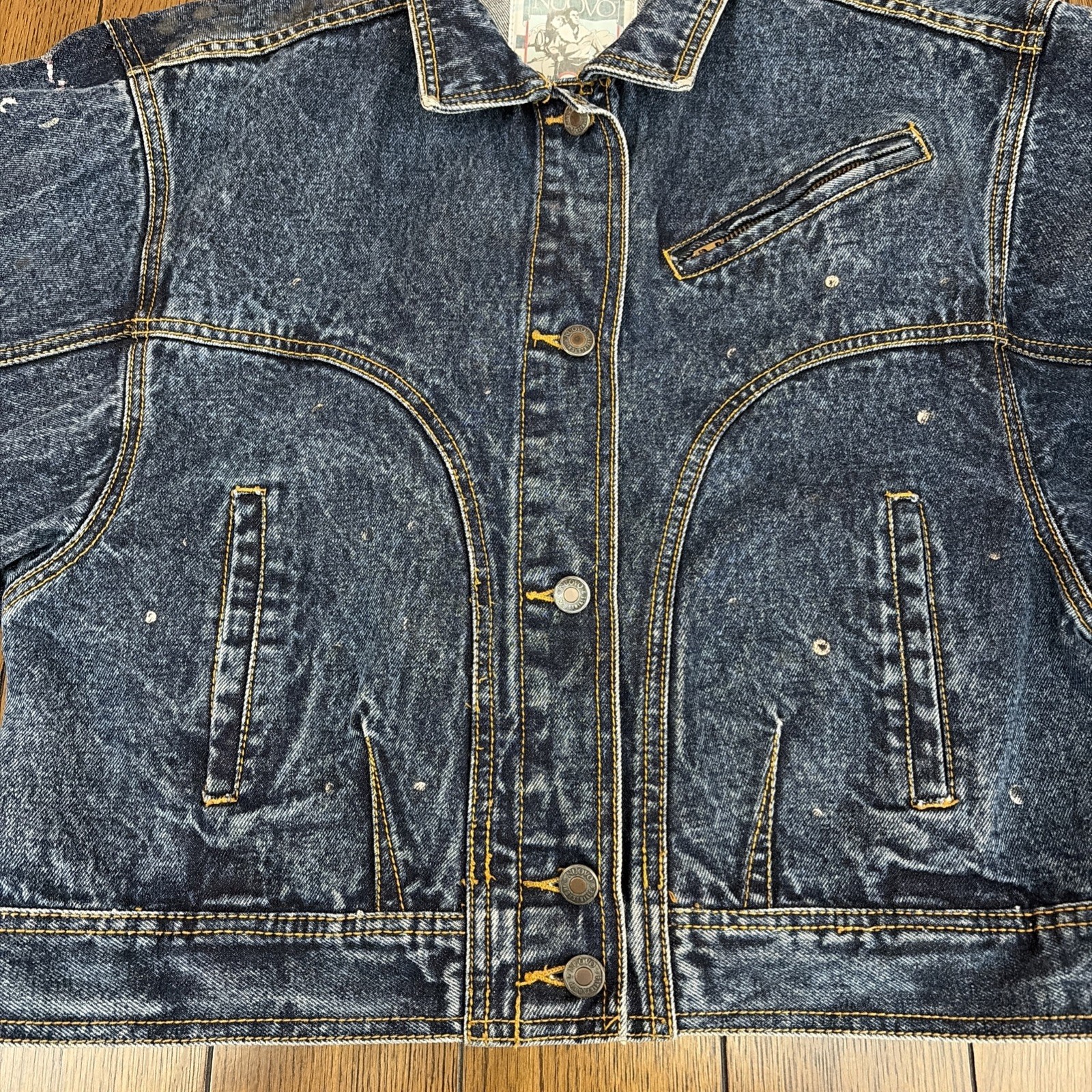 VTG 80s 90s Denim Jacket Nuovo Industriale Sz L WORN THRASHED Glitter Graffiti
