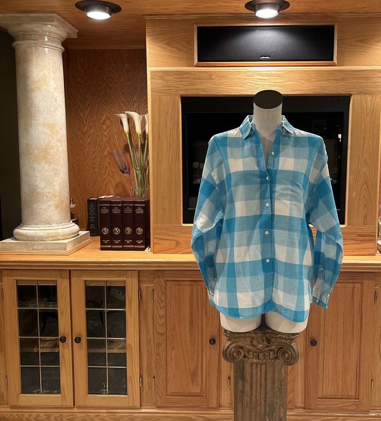VTG 80’s LIZ SPORT TEAL & WHITE PLAID LONG SLEEVE BUTTON FRONT COTTON BLOUSE M