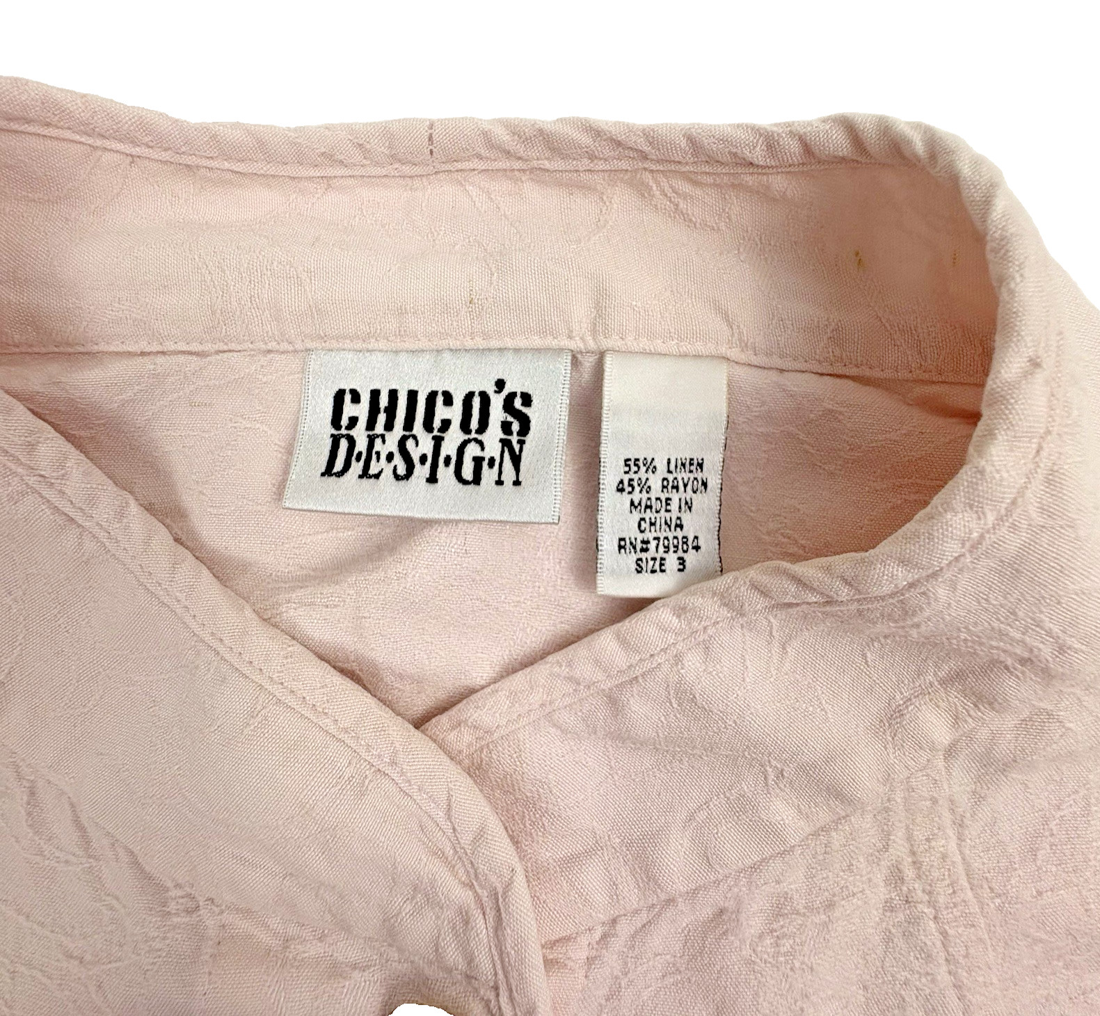 VTG Chico’s Design Linen Blend Jacket Pastel Pink Embossed Mandarin Collar L 3