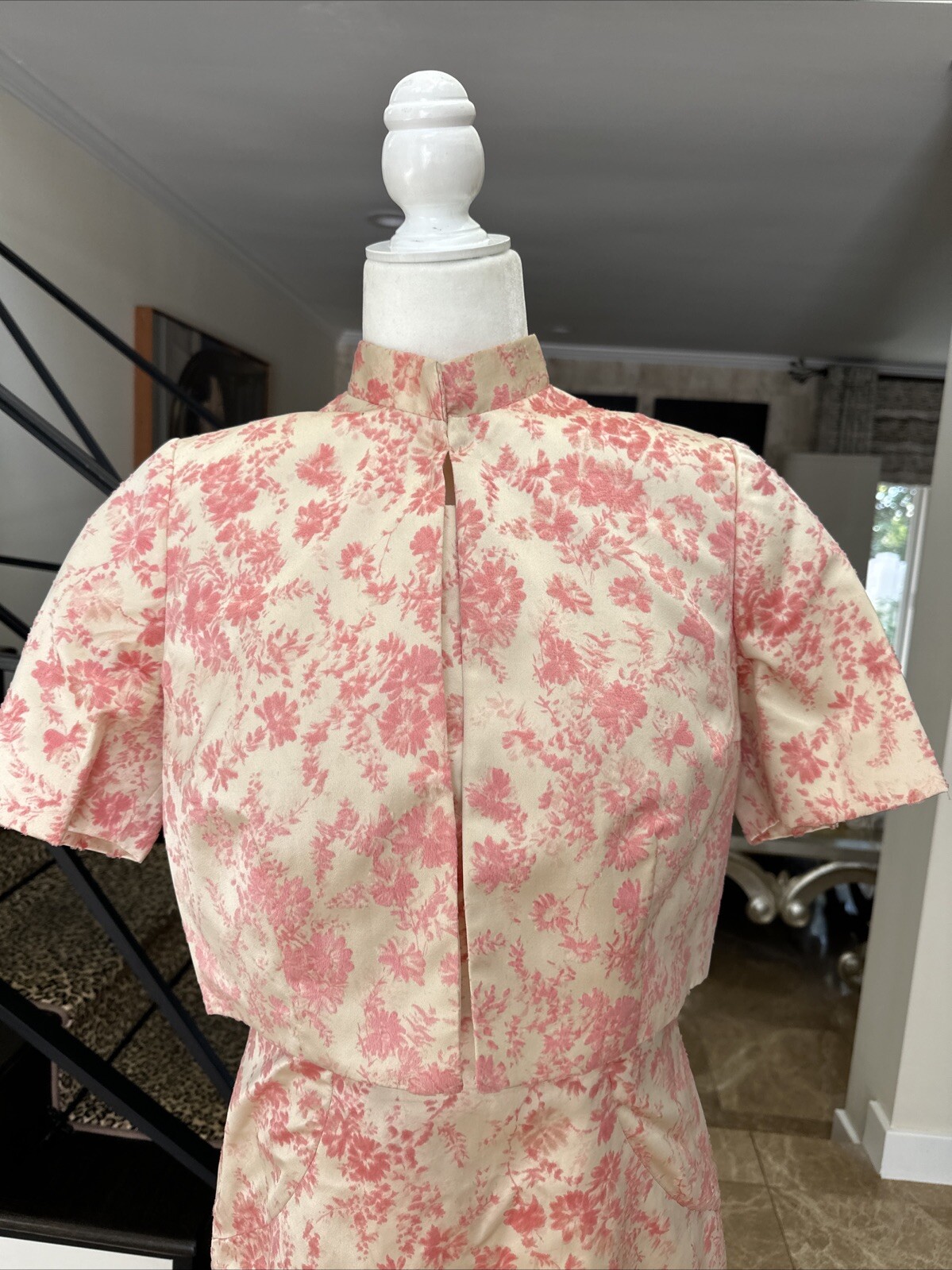 Vintage 60s Cream Satin & Pink Velvet Flocking Evening Gown With Jacket Size 6