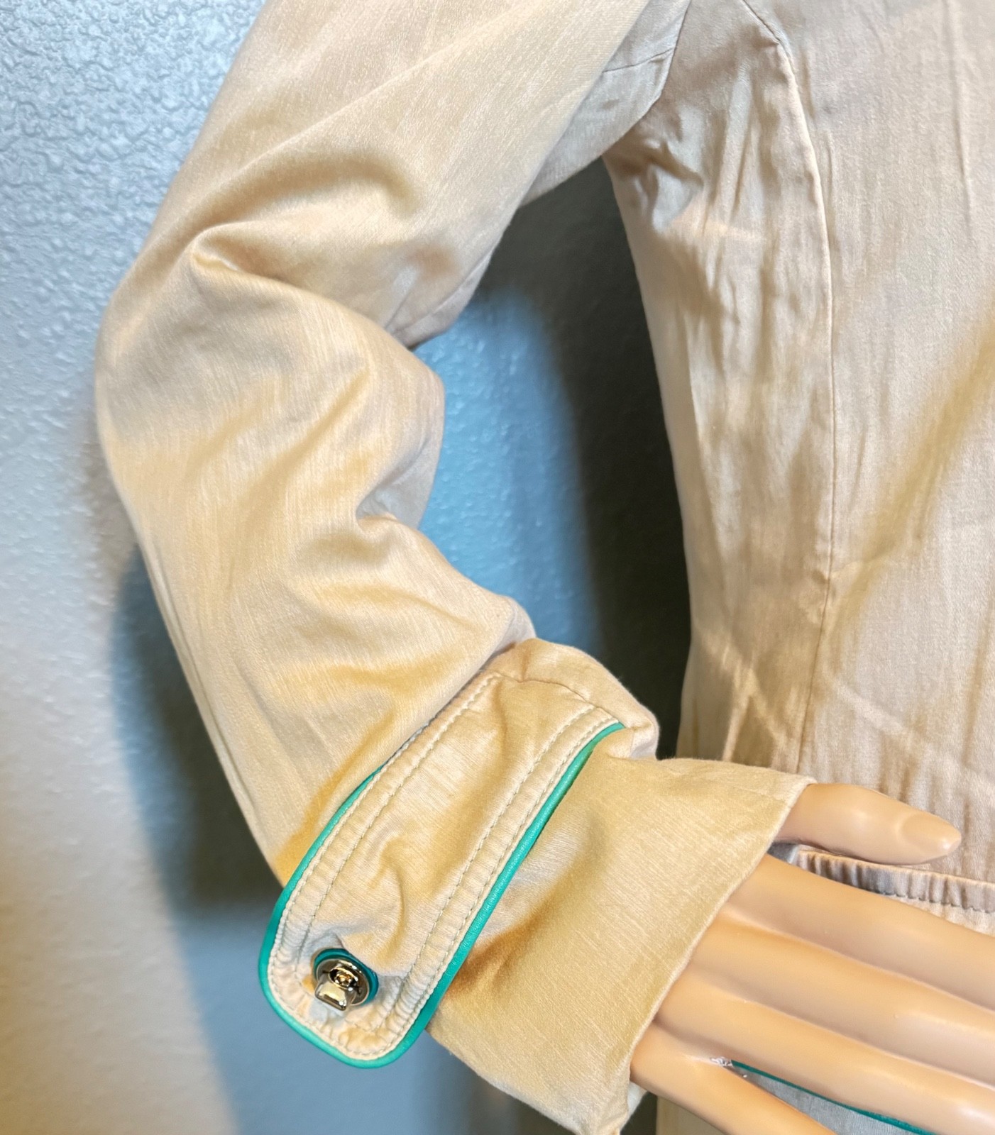 Vintage Coach Trench Coat with Teal Leather Trim and Polka Dot Lining Size 4