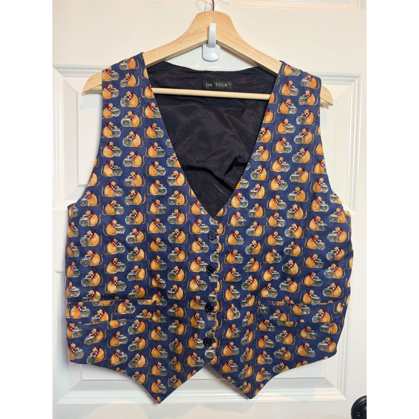 On Tour Vintage Cat Lover Novelty Print Vest Blue Cotton Button Front Large USA