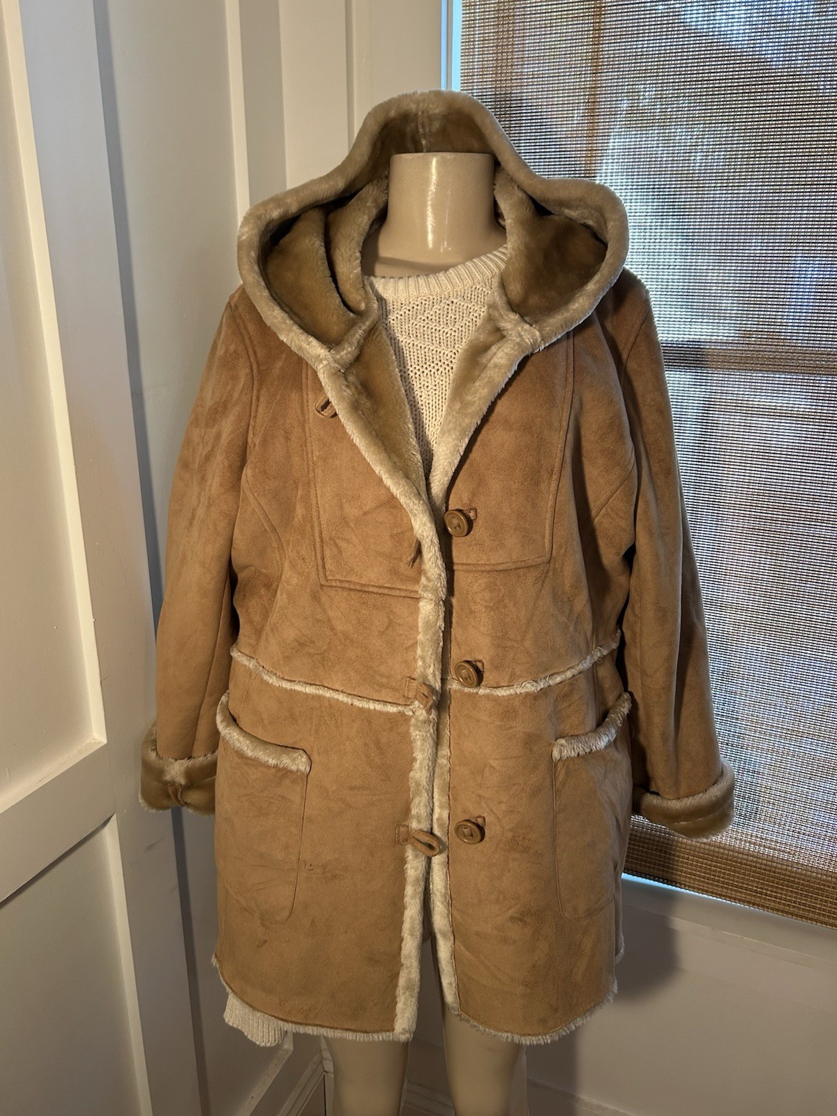 Vtg Jones New York XL Tan Brown Faux Fur Suede Coat Jacket Pennylane Hooded
